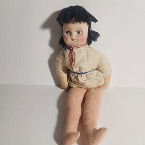 Vintage Handmade Cloth Folk Art Doll Black Yarn Hair Blue Eyes
